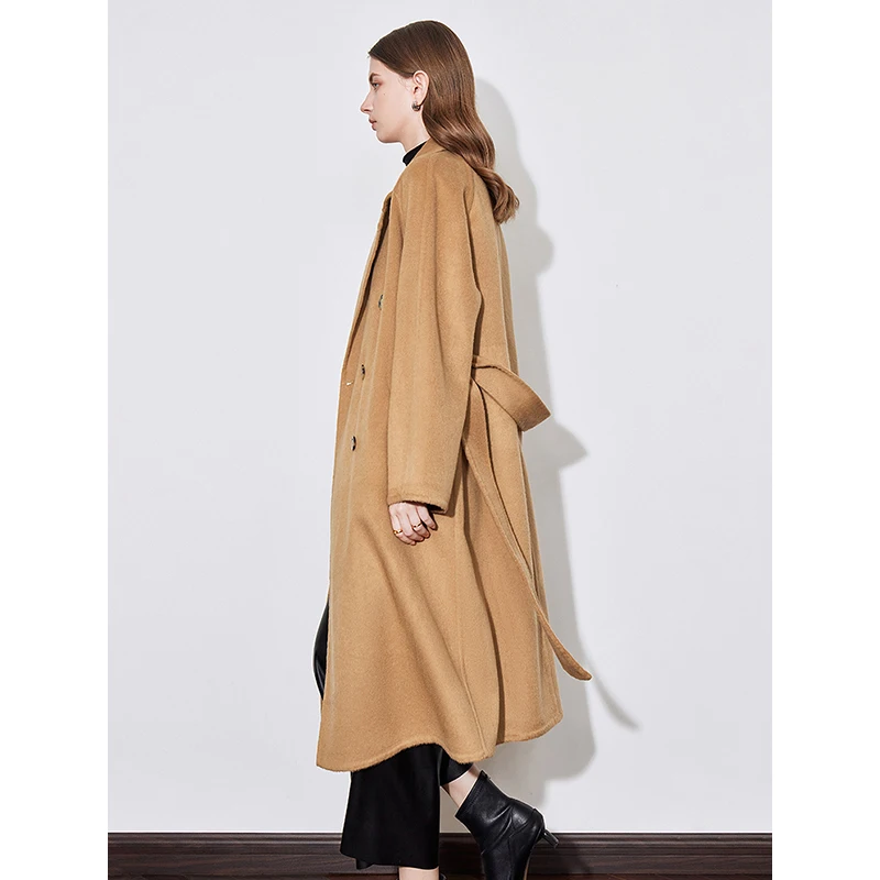 TOYOUTH Women Wool Coat 2024 Autumn Winter New Silk Notched Shawl Collar Double Side Double Single Breasted Button Woolen Coat