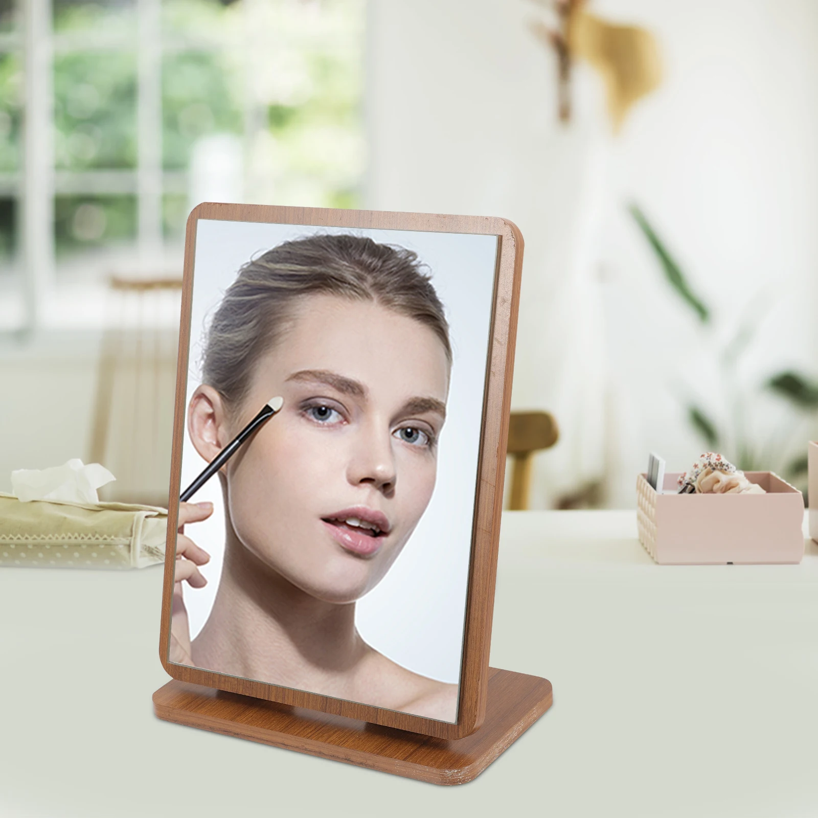 Stylish Adjustable Makeup Mirror Wood Frame Swivel Desk Mirror for Women Gift Idea Dorm Room Bathroom Bedroom Decor