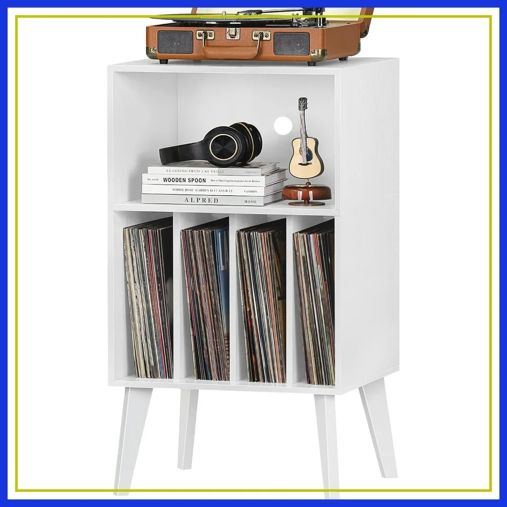 

White Turntable Stand Holds 160 LPs, Mid-Century Vinyl Storage Cabinet with Solid Wood Legs for Living Room Bedroom