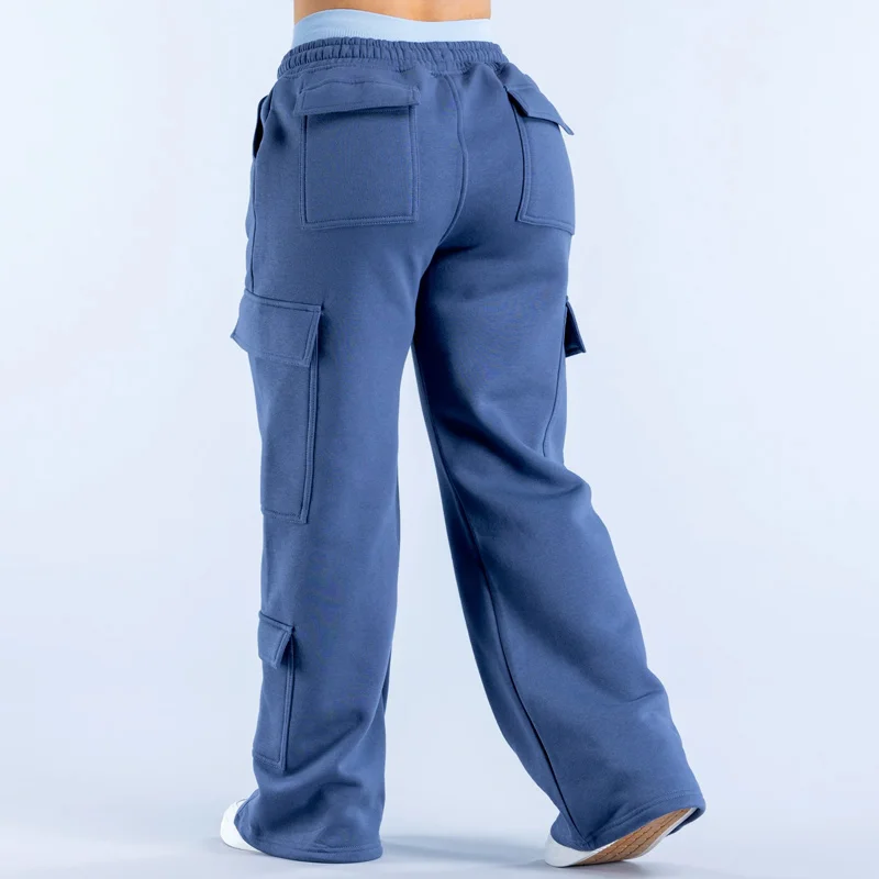 Damesmode Lage Taille Geruite Broek met Ceintuur, Wijde Pijpen, Effen Kleur, Casual Joggingbroek, Meerdere Zakken, Amerikaanse Werkbroek