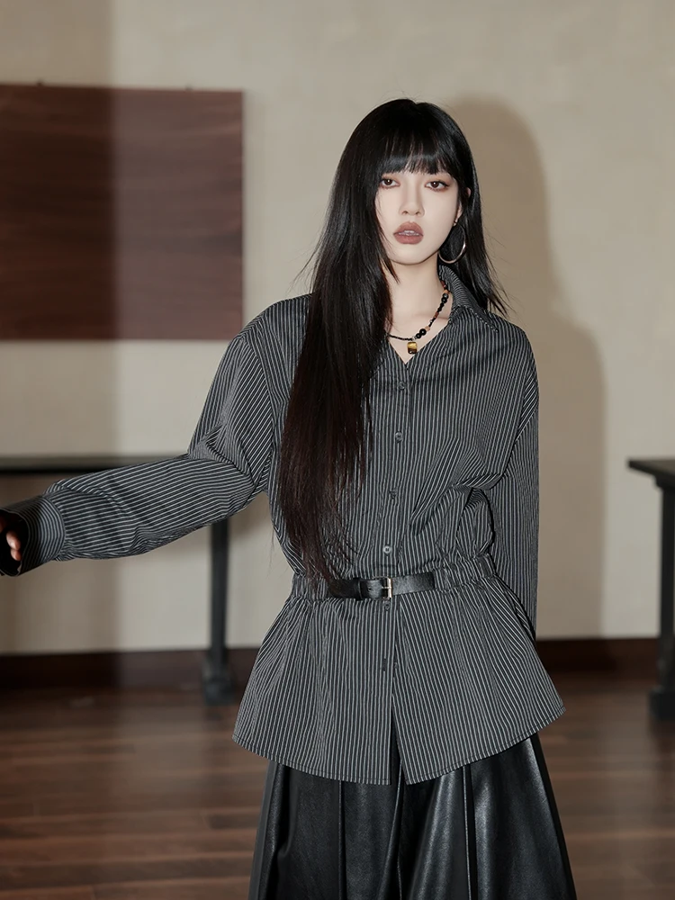 

Retro Striped Ne irt Women's Autumn Winter Slimming Long Sve Waist-Cinching Design Casual Cotton Top