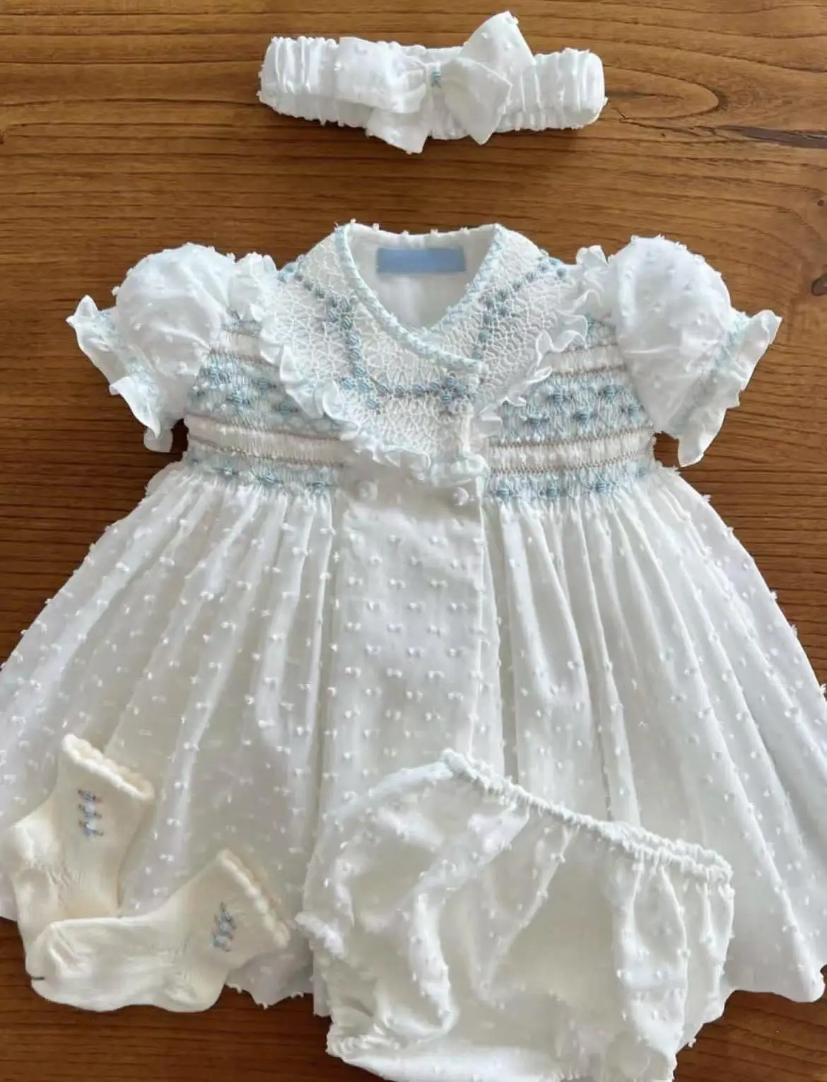 0-12Y Baby Girl Summer Blue Flower Handmade Embroidery Smocked White Dress for Birthday Photography Holiday Eid A277