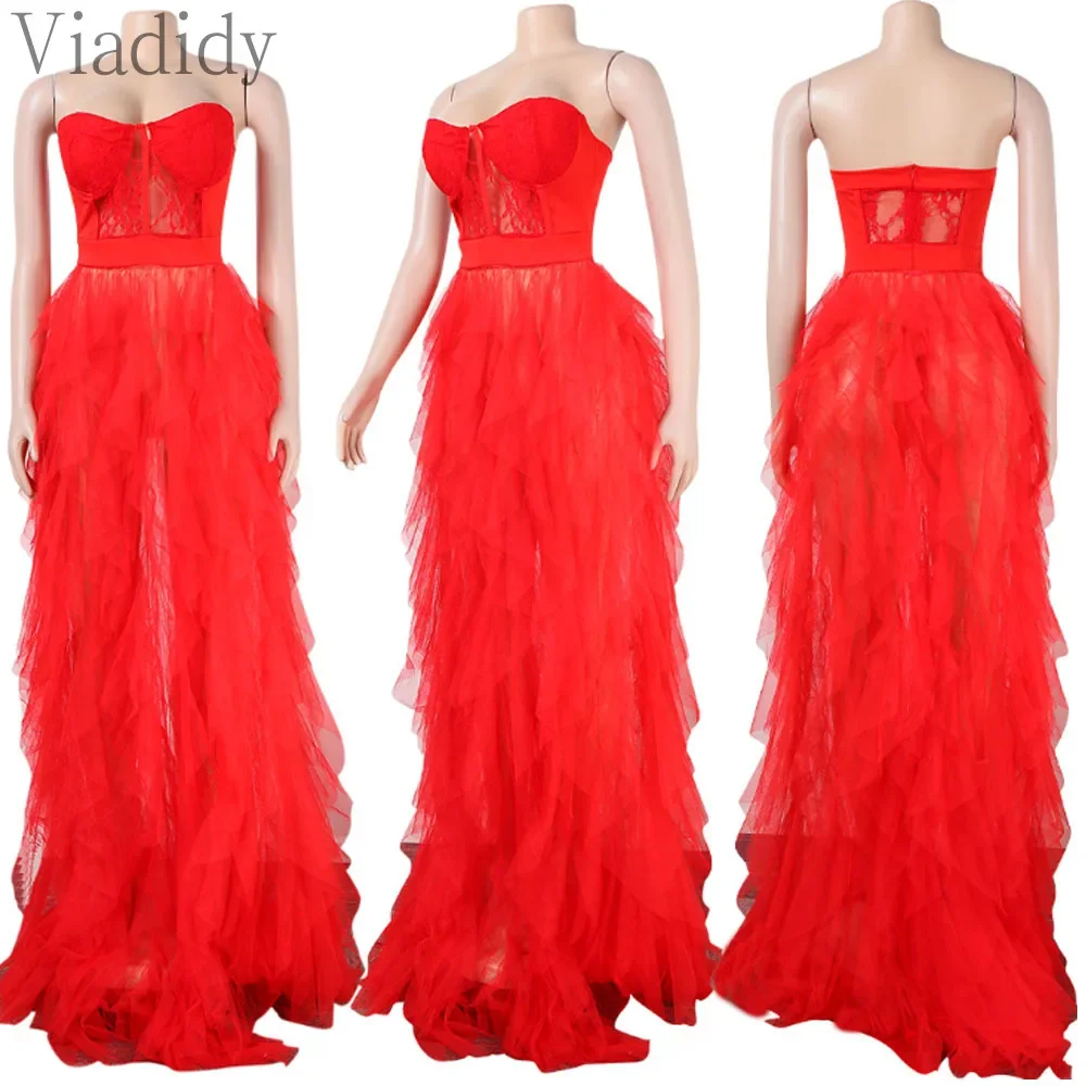 Dames sexy pure mesh doorzichtige kanten bandeau ruches decor vloerlange feestjurk