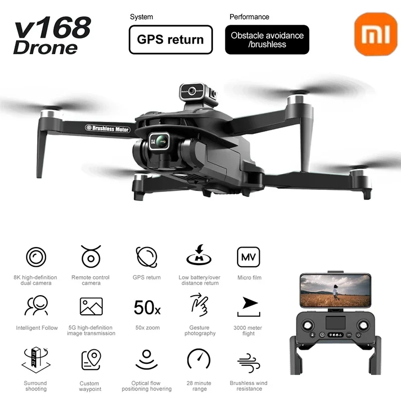 Xiaomi V168 Drone 8K 5G UAV Professional HD Aerial Photography Dual-Camera Omnidirectional Obstacle Avoidance Drone 2024 New