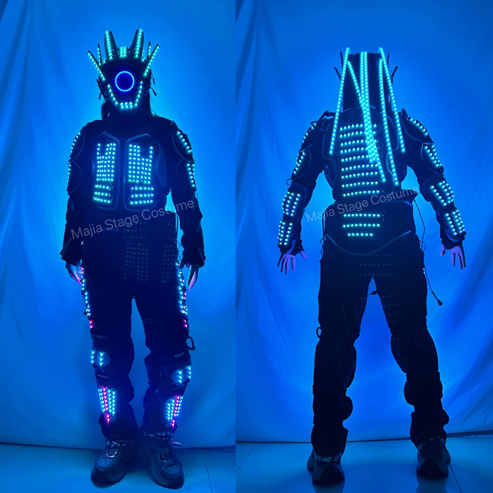 

RGB LED Robot Suit Glowing Dreadlocks One-Eyed Helmet Future Tech Robot Costume for Stage Performance Celebration Nightclub