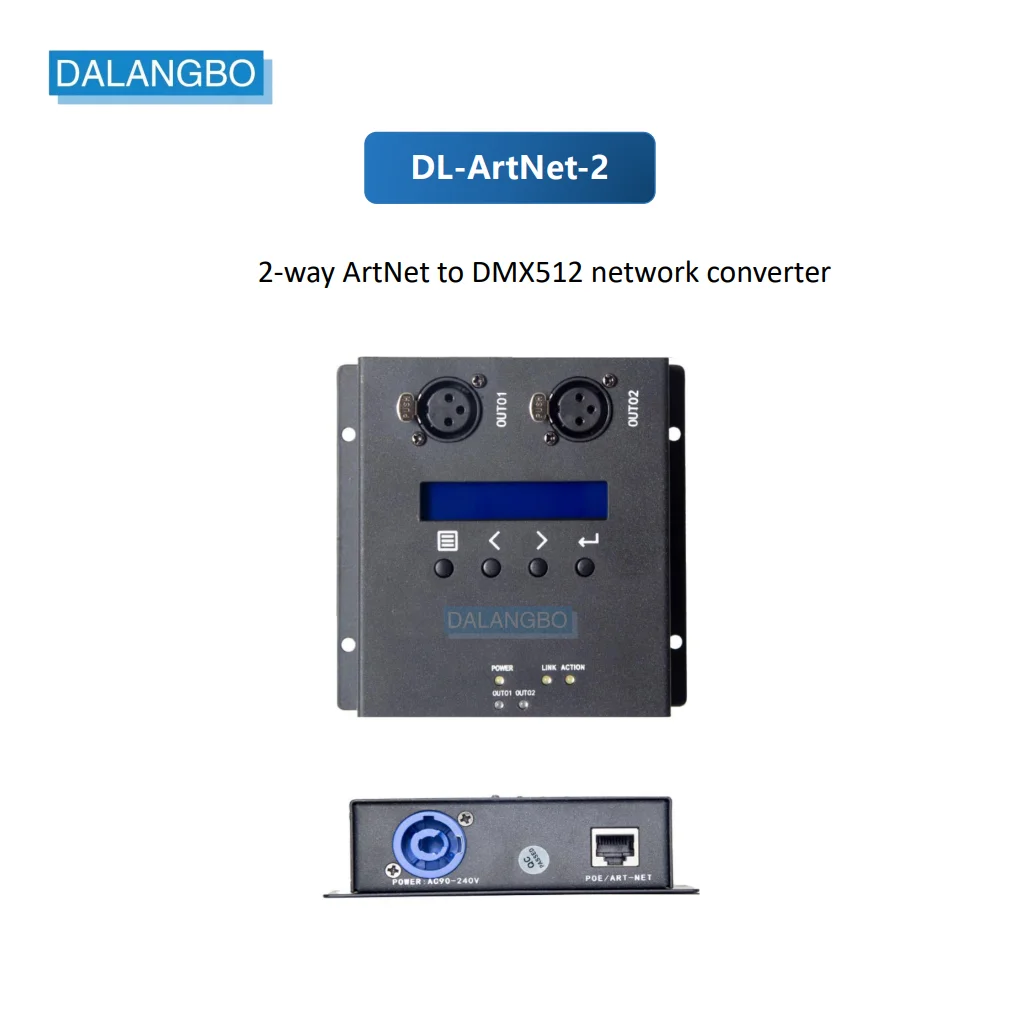 Artnet-convertidor Dmx512, extensor de red, controlador de iluminación Ethernet, interfaz POE, 2 puertos, salida de armazón de escenario, 2x512 canales