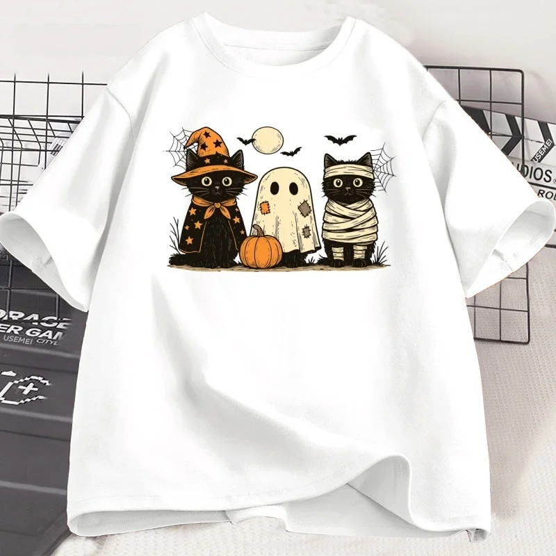 2026 New Ghosts Fall Cat Mama T Shirt Halloween Spooky Season Printed T‑shirt Cotton Short Sleeve, Suitable for Adults and Kids