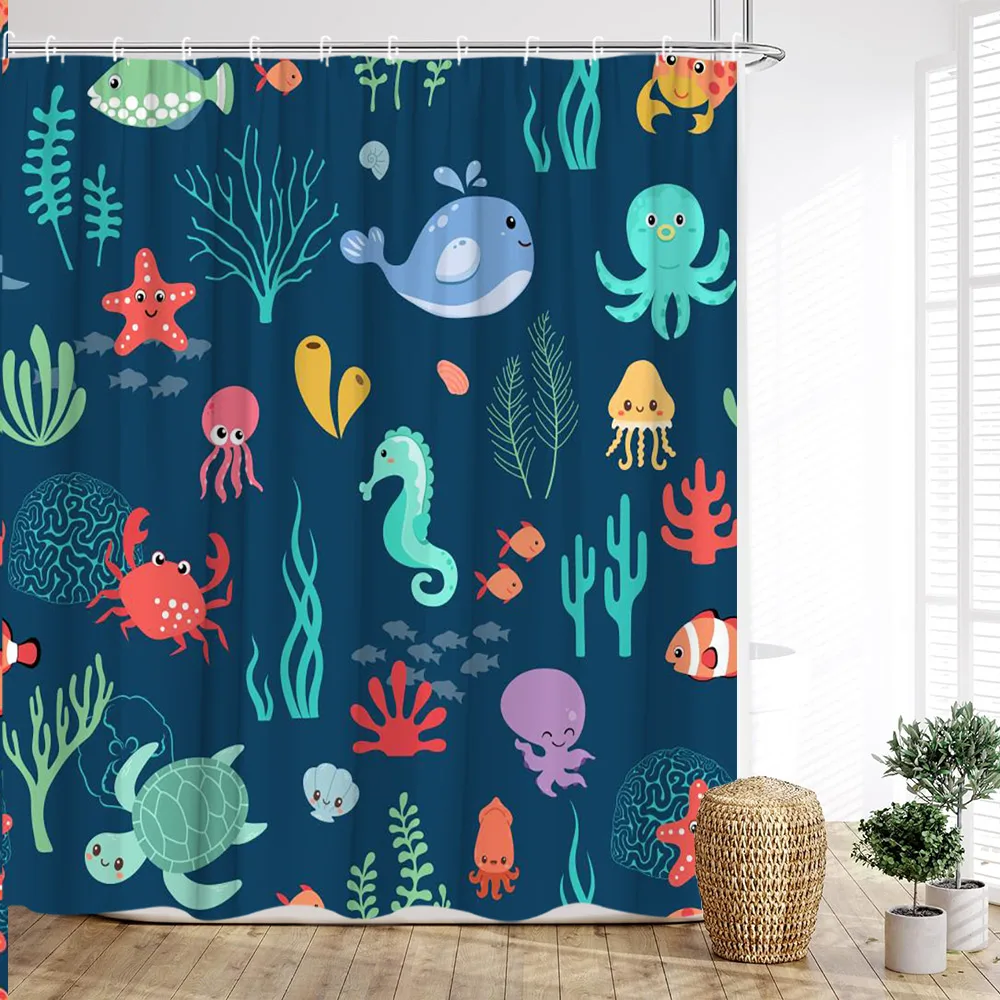 Ocean Fish Shower Curtain, Cartoon Underwater Coral Animal Tropical Fish Whale Starfish Seahorse Cute Home Bathroom Decoration