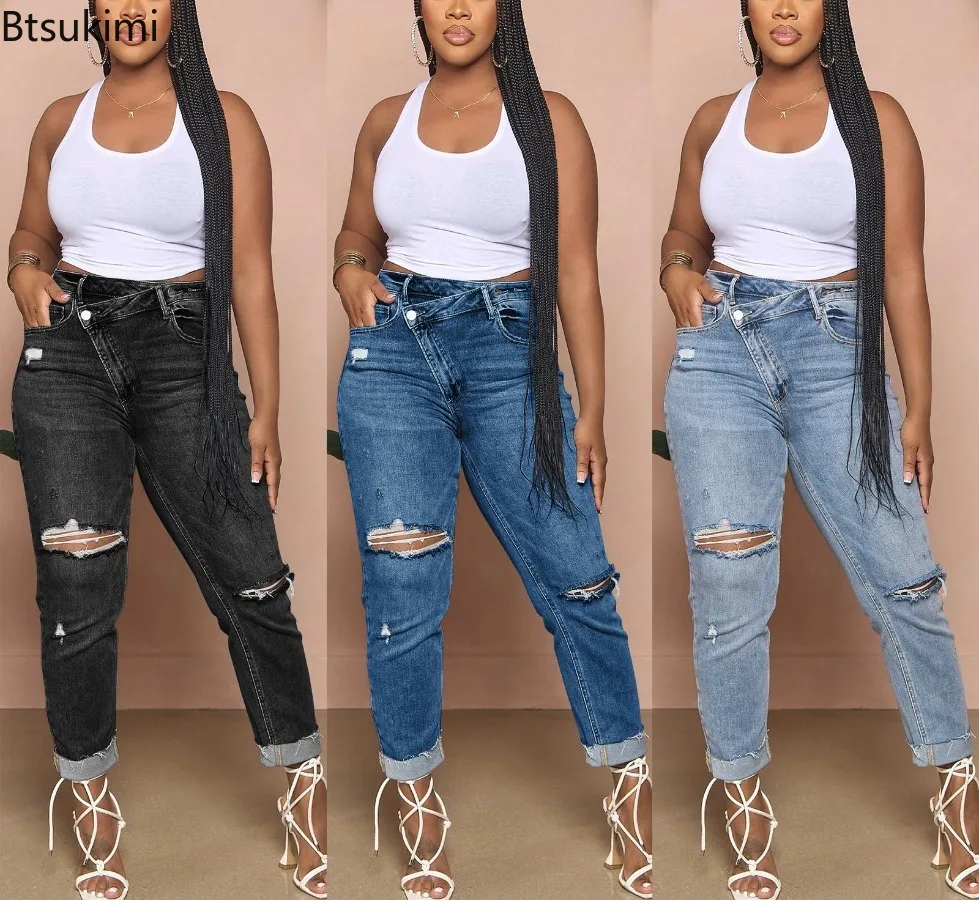 Women Fashion Knee Broken Holes Pencil Jeans Slanted Waist Button Patchwork Denim Pants Female Casual Washed Streetwear Trousers