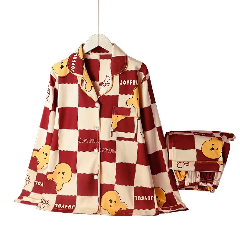 Disney Winnie the Pooh autumn and winter red New Year\'s cartoon women\'s pajamas plaid splicing lapel cardigan loungewear set