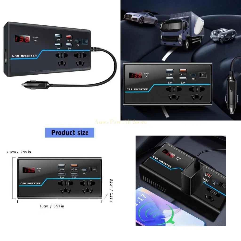 

J0MA Portable Car Inverter Converts 12V/24V to 110V/220V with Voltages Display Compact Vehicle Inverter Simple Operate