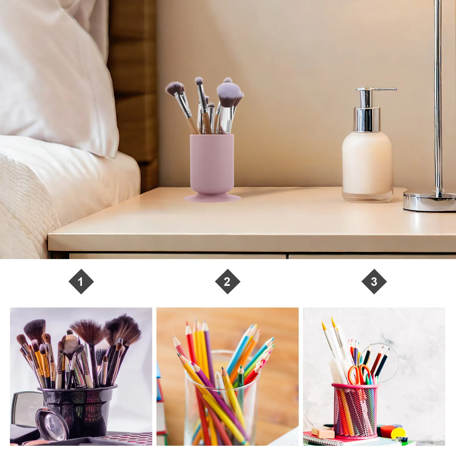 2Pcs Silicone Makeup Brush Organizer Suction Cup Non Slip Pen Holder Cup for Desk Vanity Brush Storage Stationery