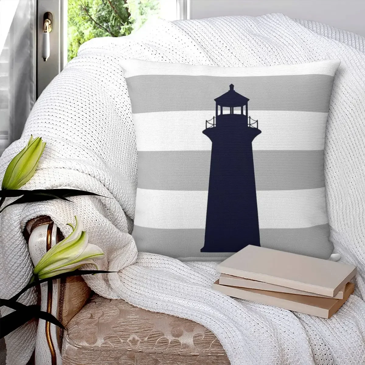 Nautical Navy Blue Ship's Steering Wheel On Red Stripes Pillowcase Cushion Comfort Throw Pillow Sofa Decorative Cushions Used