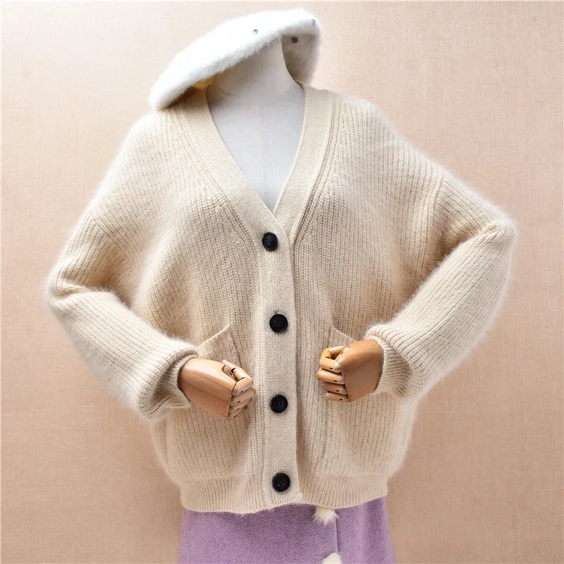 

Женский осенне-зимний модный вязаный кардиган из волосатой ангорской кроличьей шерсти с длинными рукавами и v-образным вырезом с длинными рукавами, свободный кардиган, свитер, куртка