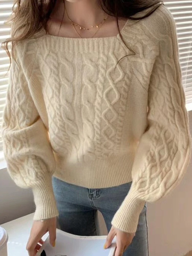 Knitted Sweater Women Korean Fashion Soft Pullover Female Autumn Winter Square Collar Jumper Ladies Elegant All-Match Sweaters