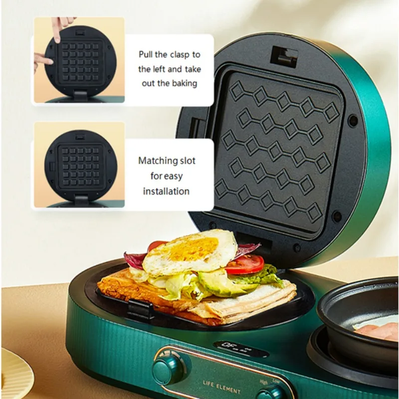 3-in-1 Easy Clean Non-Stick Removable Plate Cool Touch Handle Press BBQ Waffle Iron Sandwich Breakfast Maker with Frying Pan