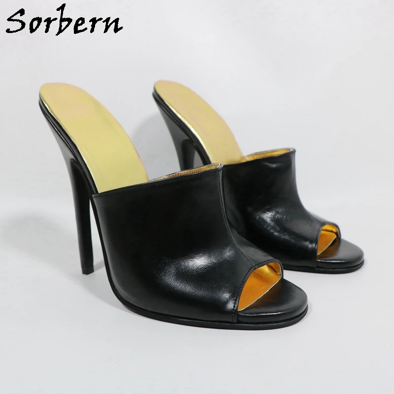 Sorbern 14Cm Genuine Leather Slippers Women Stilettos High Heels Round Toe Open Mules Slides Summer Shoes Slip On Custom Colors