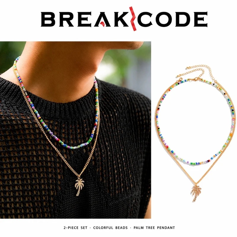 Mens two piece gold necklace colorful seed bead strand tree pendant curb chain hop layered jewelry male