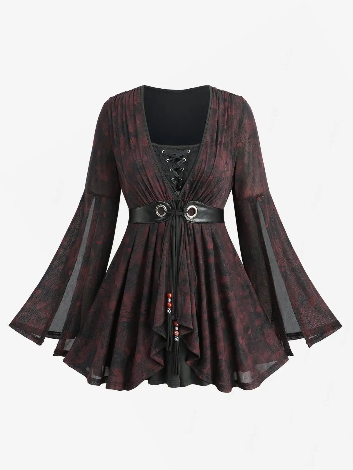 ROSEGAL T-shirt da donna taglie forti Lace-up Volant floreali Increspato PU Stripe Cravatta Split Manica svasata Top Primavera Autunno Camicetta casual