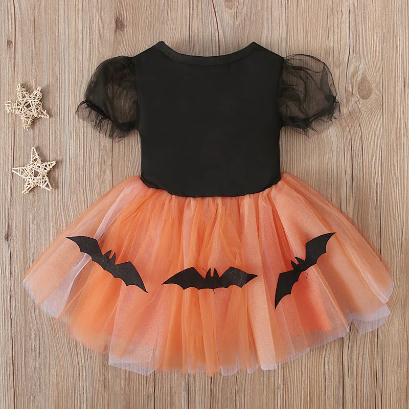 Children\'s Cosplay Witch Costumes Baby Girls Halloween Puff Sleeved Pumpkin Bat Print Mesh Dress Kids Performance Clothes 1-5T