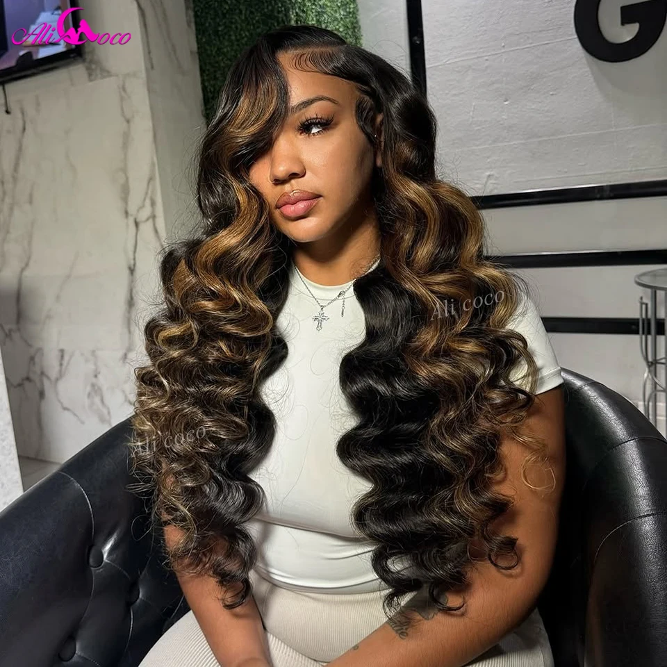 

Loose Wave Highlight 13x4 13x6 Lace Front Wig Human Hair Preplucked 1B 30 Black Highlight Loose Wave Lace Frontal Wig for Women