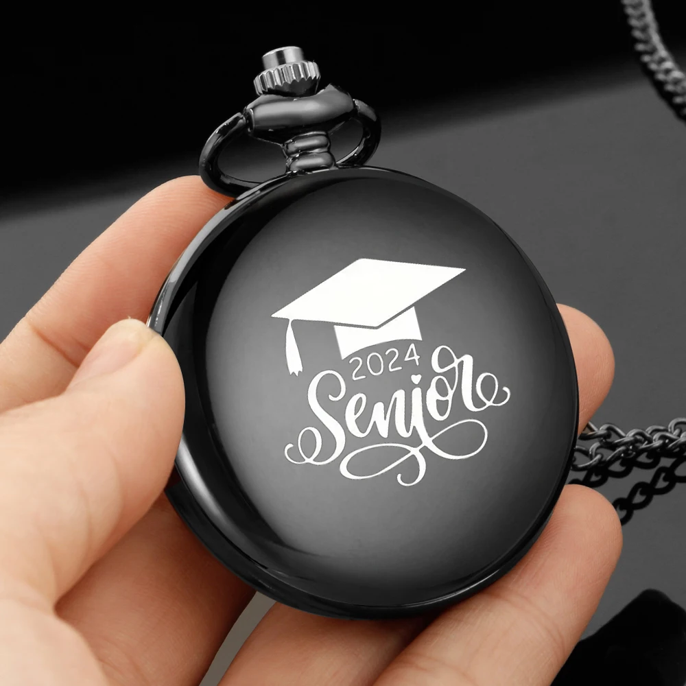 

To class of 2024 carving english alphabet face pocket watch a belt chain Black quartz watch graduation ceremony perfect gift