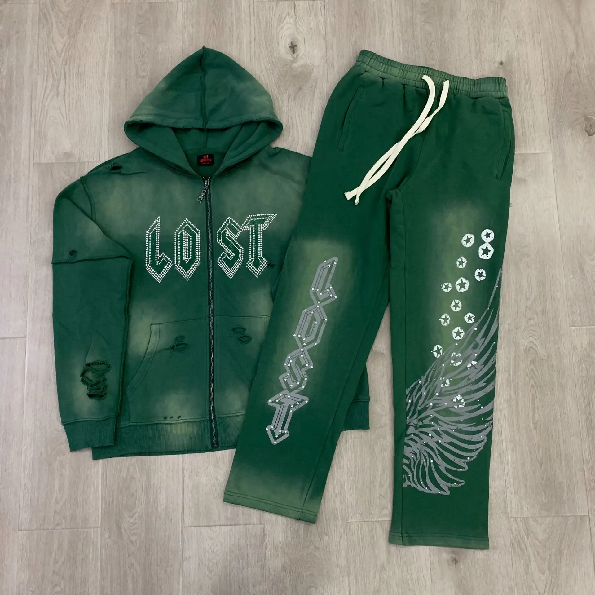 

Lost intricacy 2026 new Green Rhinestone Zip Up Hoodie Men Women 1:1 High Quality Diamond Casual Oversized Hooded Tracksuit