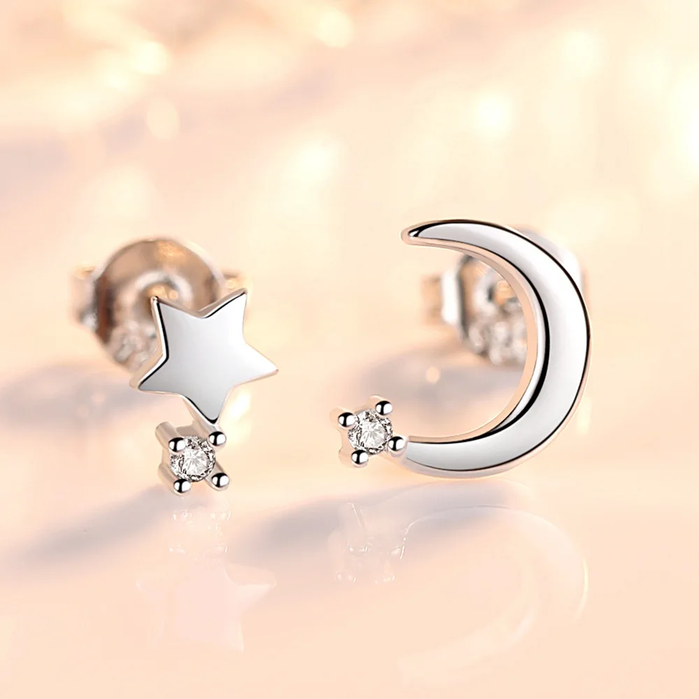 Real 925 Sterling Silver Jewelry Fashion High-qaulity Crystal Asymmetrical Moon Star Stud Earrings For Women New XY0242