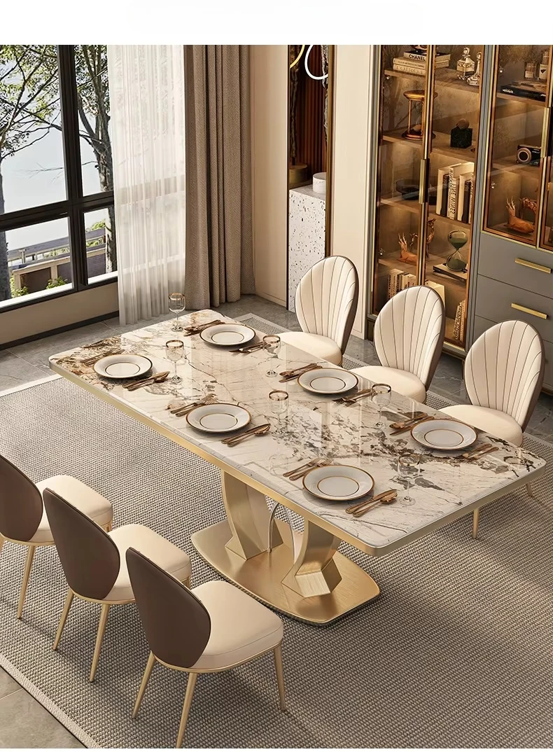 #￥Modern High-End Large Plate Dining Table Chair Set Glossy Titanium Stainless Steel Base Light Luxury Home Furniture for Hotels