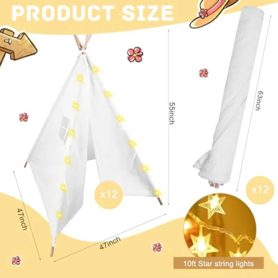 12 paquetes de tienda tipi con luces de cadena de 10 pies, tienda tipi de juego para niñas y niños, tiendas plegables para interiores y exteriores para cumpleaños