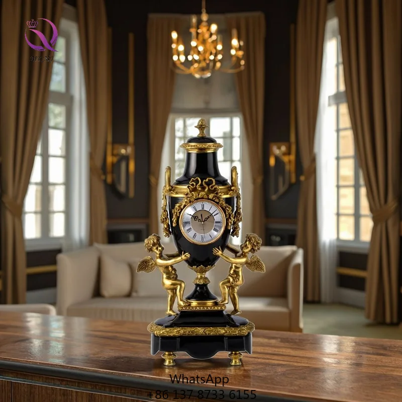 

Luxury Exquisite Porcelain With Brass Angel Clock Living Room Fireplace Decoration Ornaments Retro Desktop Clock