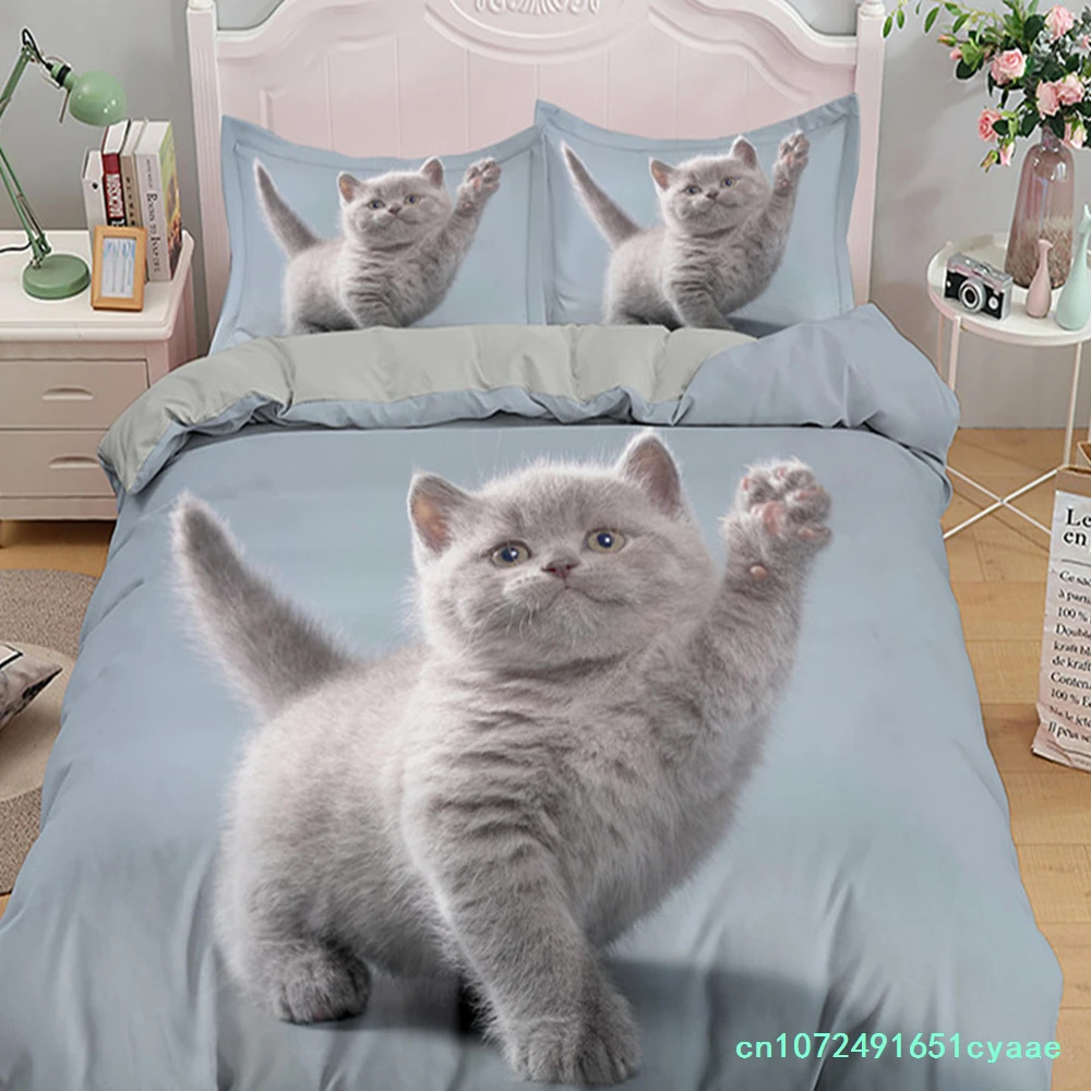 Little Cat Duvet Cover King Queen Size 3D Grey Cute Kitten Bedding Set For Adults Lovely Animal 2/3pcs Polyester Quilt Cover