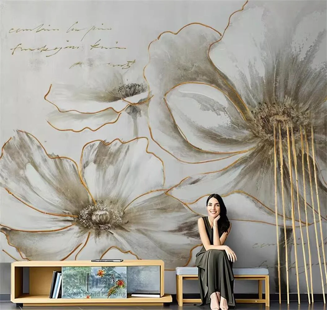 Light luxury French hand-painted peony flower bedroom background living room dining room 3D wall custom wallpaper