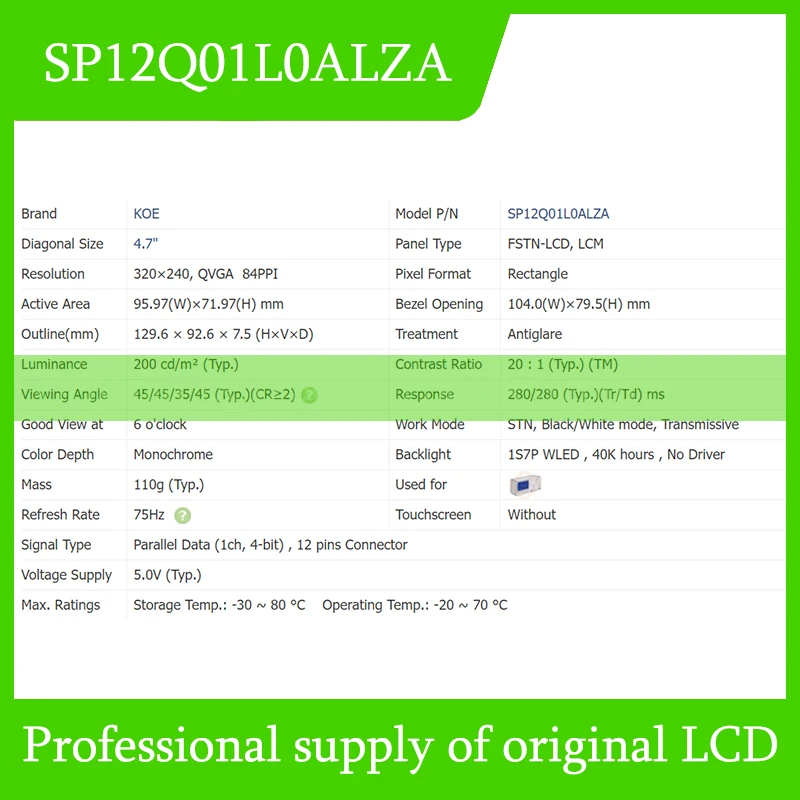 หน้าจอ LCD ขนาด4.7นิ้ว SP12Q01L0ALZA ผ่านการทดสอบส่งเร็วแล้ว