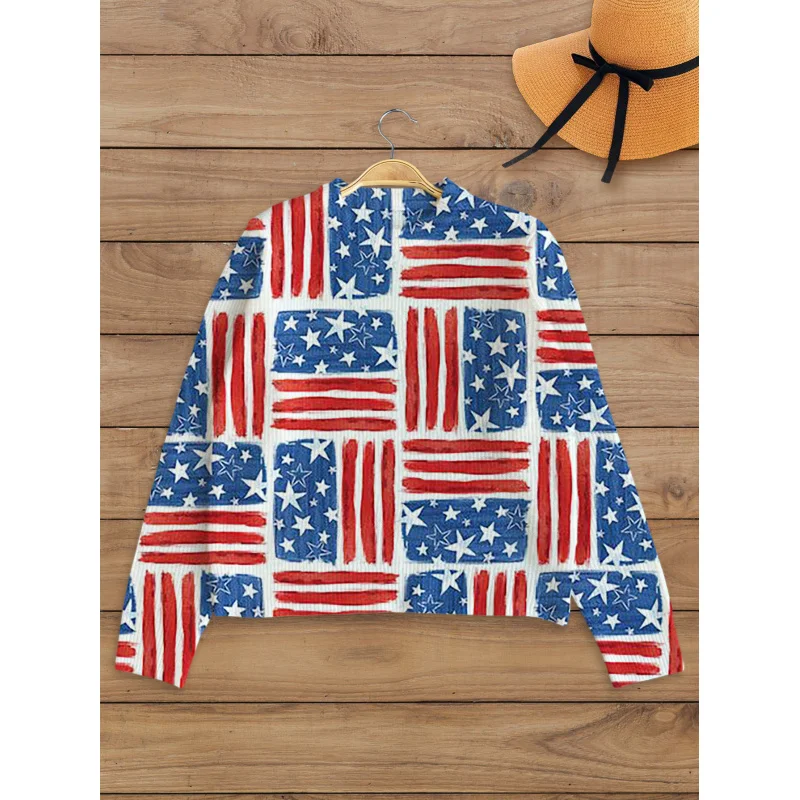 

American Vintage Patchwork Flag Digital Print Women’s Sweater Knit Pullover Thick Loose Crew Neck Long Sleeve Autumn Winter