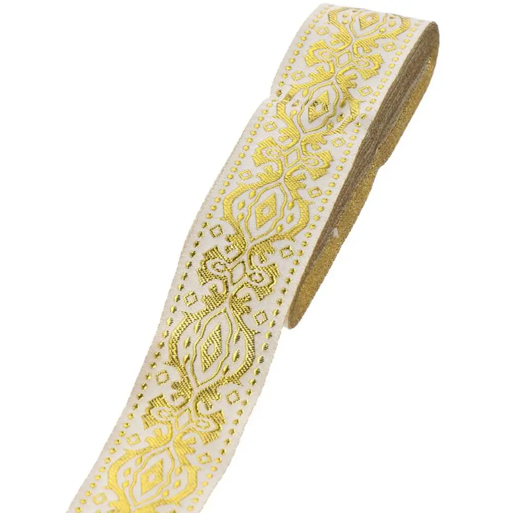 7.6 Yards 1.3 Inch Wide Jacquard Ribbon White Gold Black Gold Woven Ribbon Ethnic Ribbon for DIY Clothes Sewing