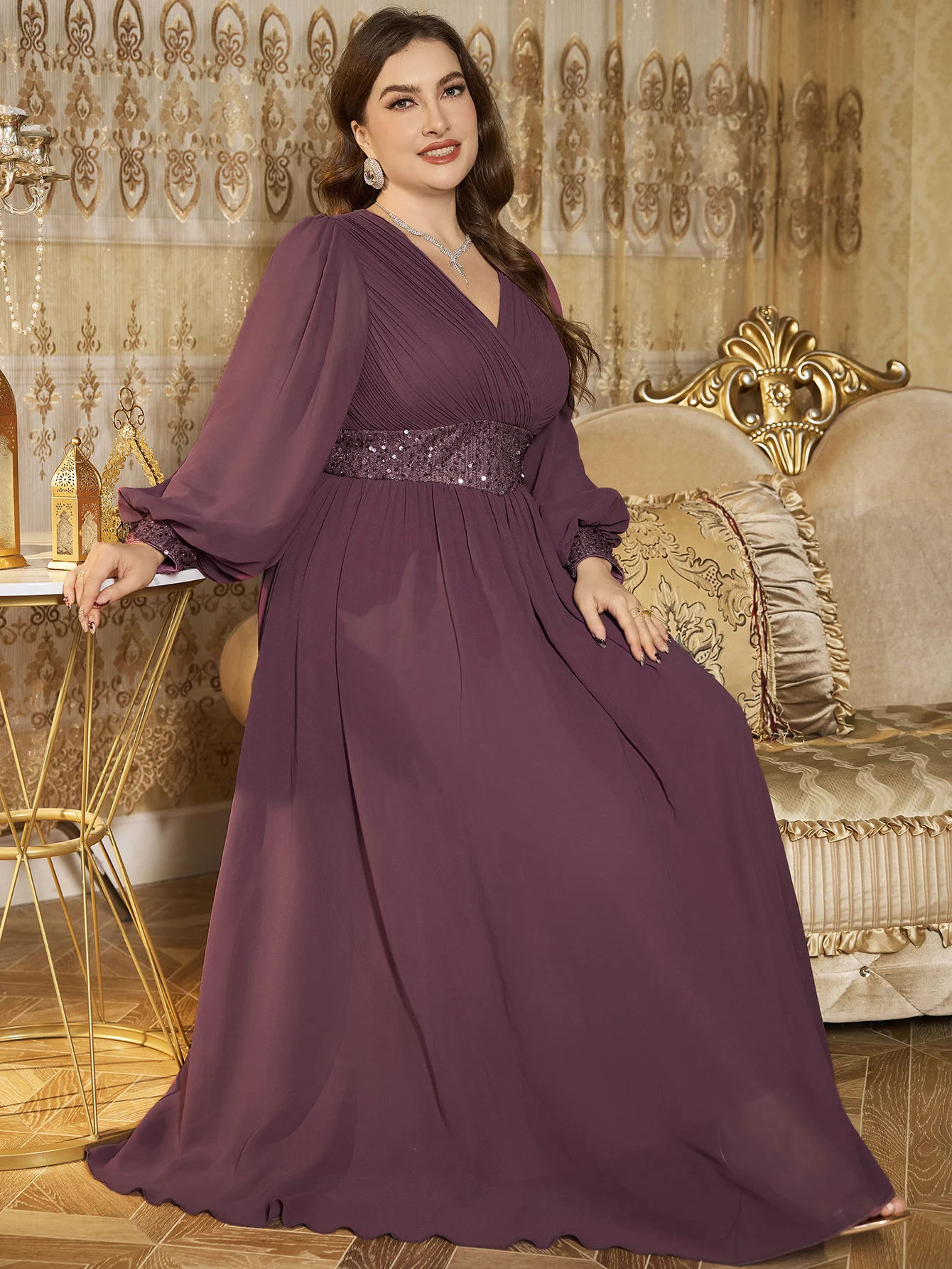 UNITHORSE حجم كبير على شكل حرف v لوحة ترتر لصق فستان سهرة شيفون نسائي أنيق لامع للمناسبات الرسمية