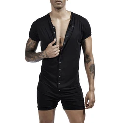 2025 Summer Casual Mens Slim Jumpsuits Sexy O Neck Button-up Short Sleeve Playsuits Men Nightwear Pajamas Breathable Bodysuits