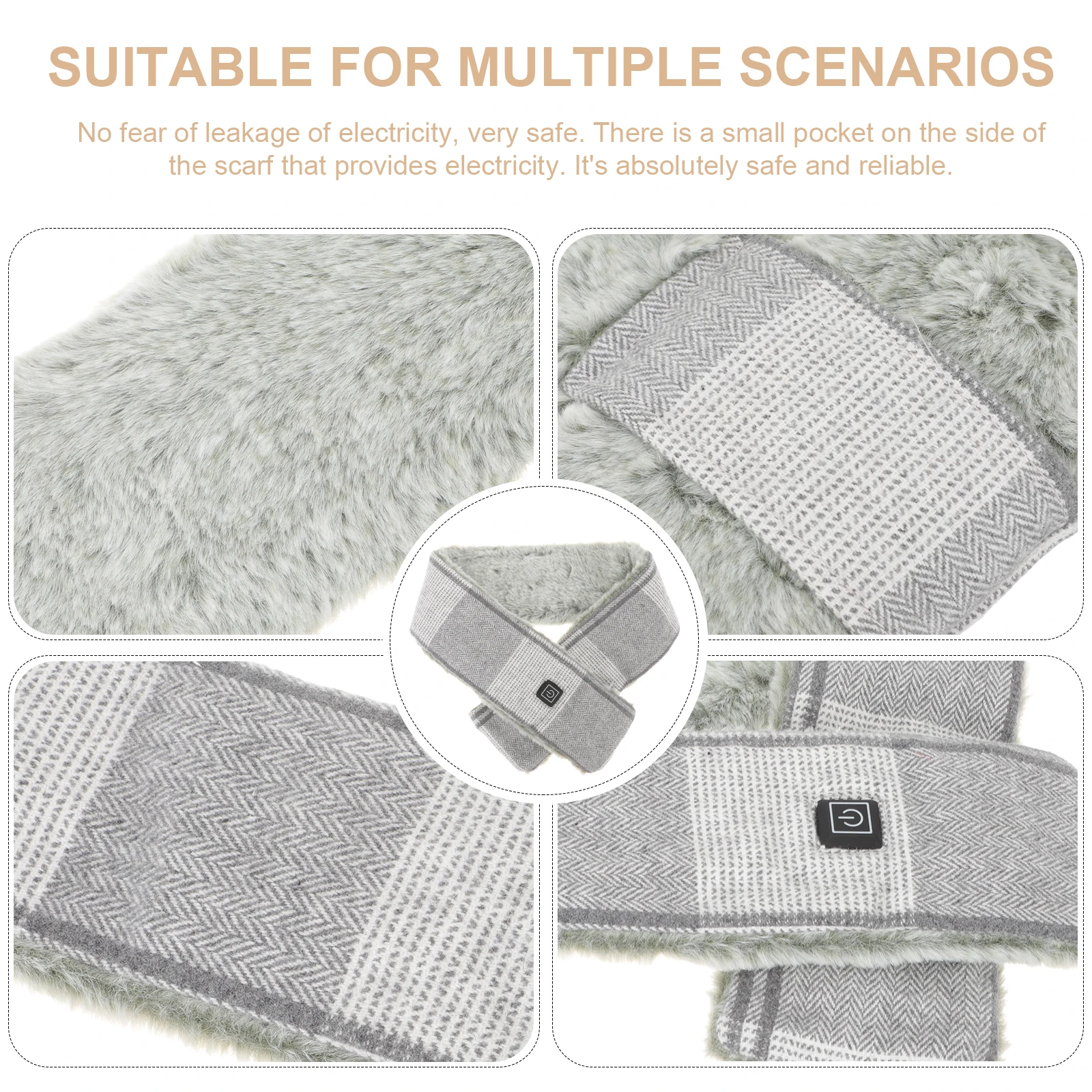 

Electric Heated Scarf Smart Heating Winter Warm USB Adjustable Temperature Grey White Striped Fleece Compatible Portable Power