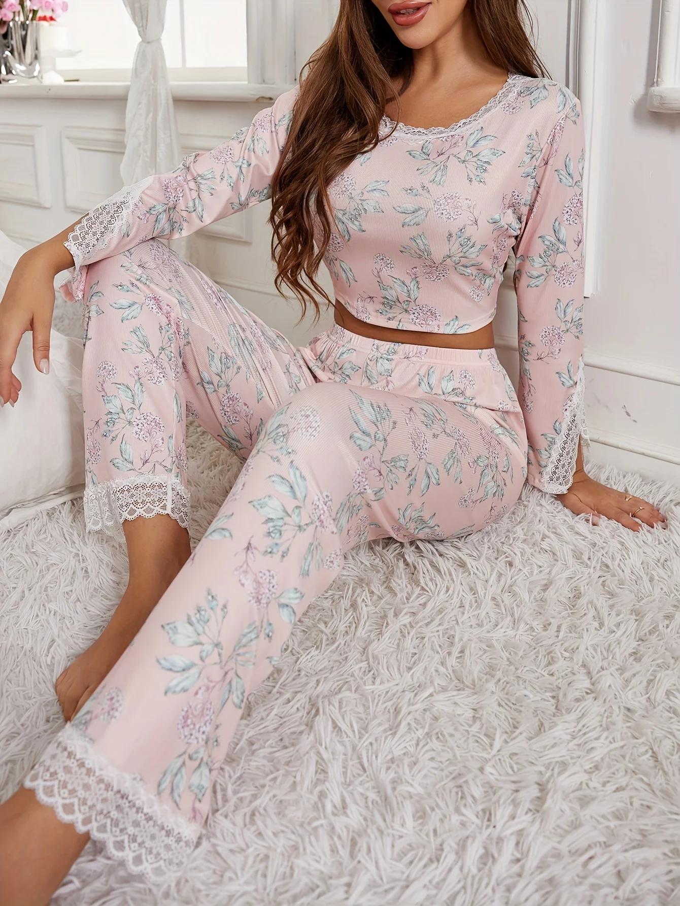 2-Pack of Spring and Summer Pajamas for Women, Elegant Pink Floral Bell-Sleeved Short Tops & Lace Trousers, Casual Home Wear Set