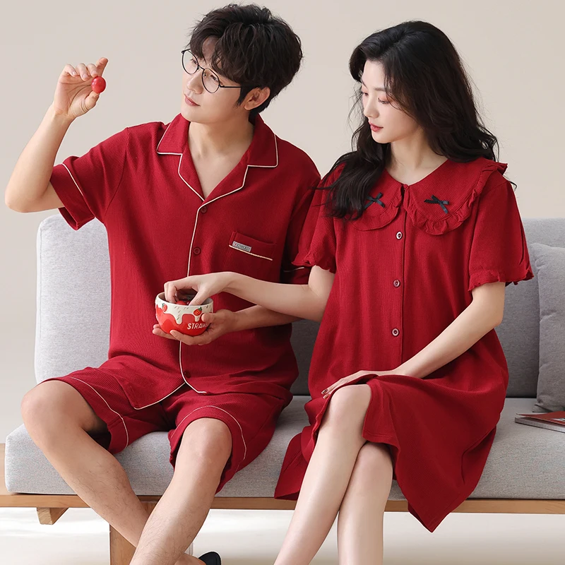 Lovers Dress for Men and Women Soft Modal Cotton Short Sleeve Shorts Cardigan Pyjamas Male Festive Red Nightgowns Dressing Gown