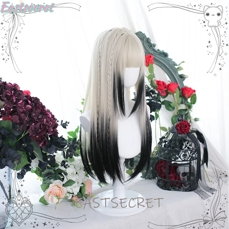 EASTSECRET Synthetic Long Straight Lolita Wig with Bangs Wig Girl Cute Ombre White Black Cosplay Party Halloween Harajuku Wig