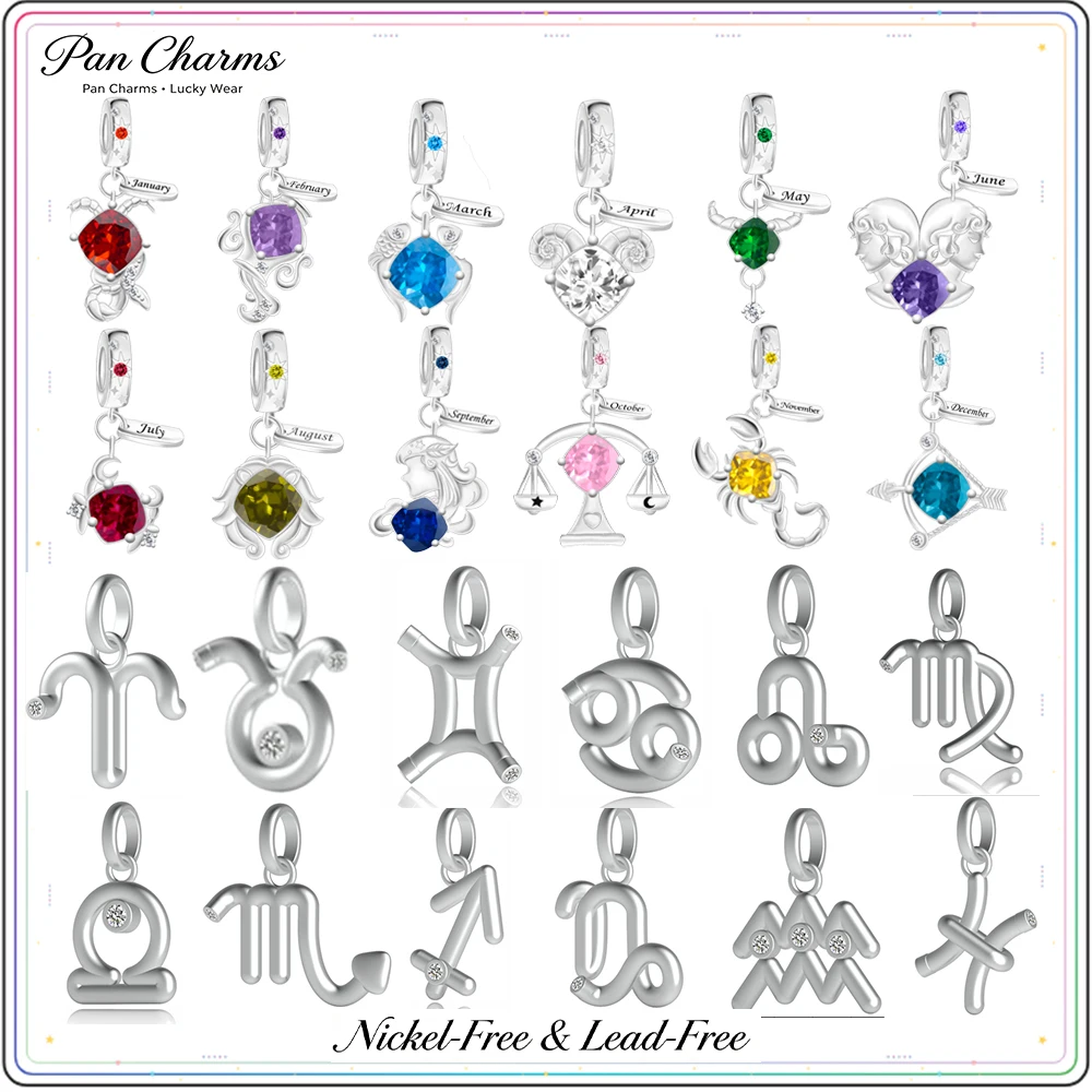 Pan Charms 12 Zodiac Sign Constellation Pendant Charm Beads Fit Original Bracelet Jewelry DIY Birthday Anniversary Gift for Her