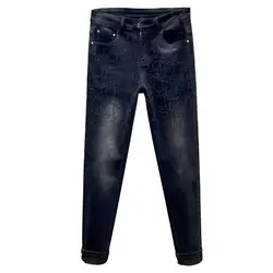 Men's Clothing Autumn and Winter high quality Letters Hot Drilling Washed Leg Jeans Black All-match Stretch Pants