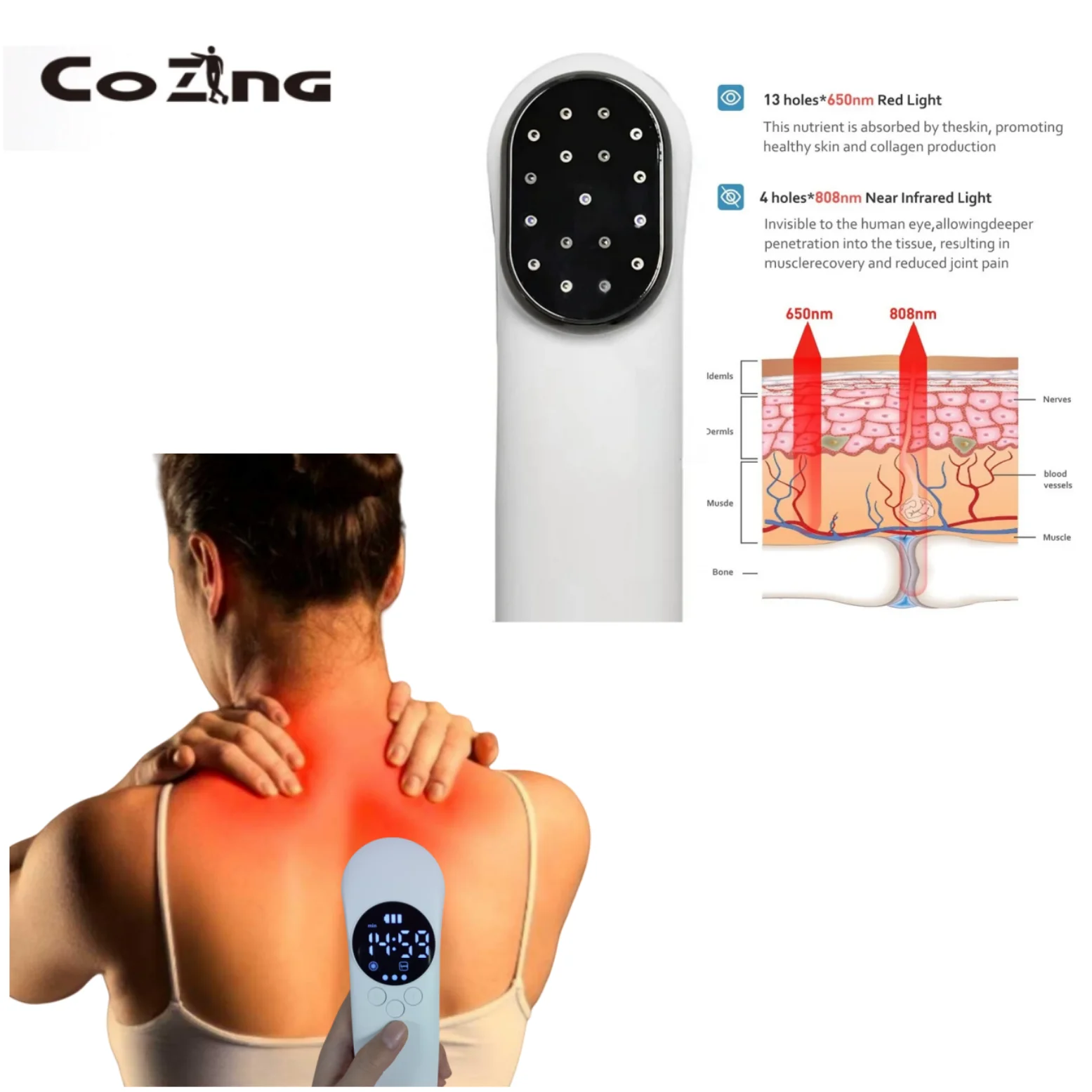 

COZING LLLT физиотерапевтическое устройство для холодной лазерной терапии для облегчения боли, противовоспалительный массажер для спины и шеи 3*808 нм 14*650 нм