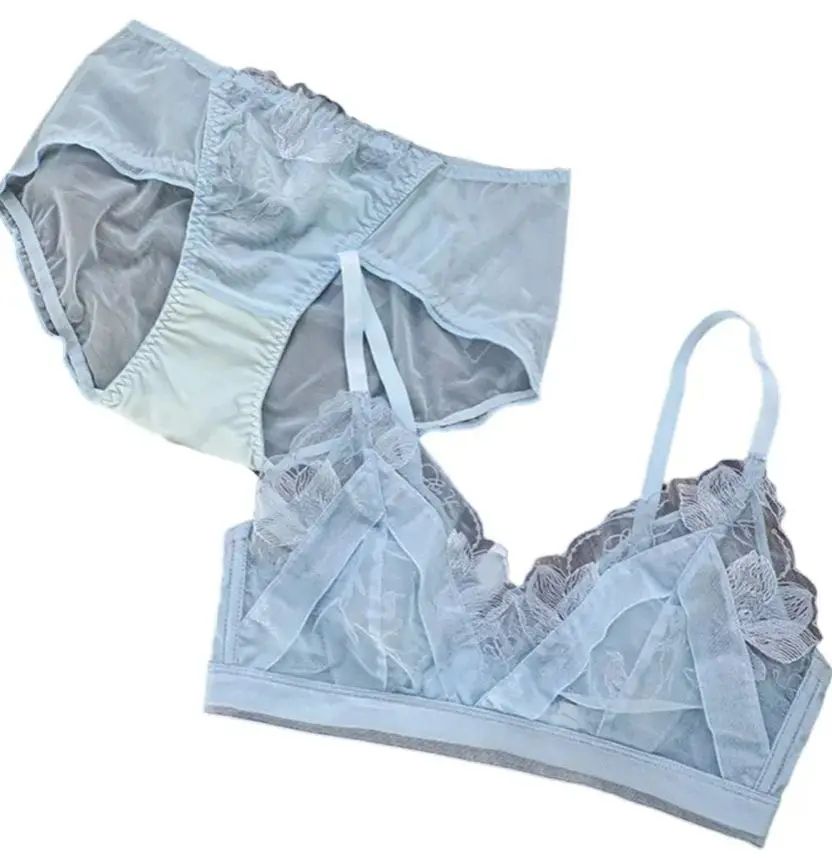 KUCLUT Bra Set French Sexy Sweet Girl Without Steel Ring Color Collision Underwear Thin Section Gathered Lace Triangle Cup Bra