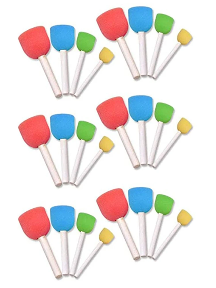 24pcs Crafts Kids 4 Colors Durable Art Painting Tools Watercolor Wooden Handle Practical School DIY Home Round Sponge Brush