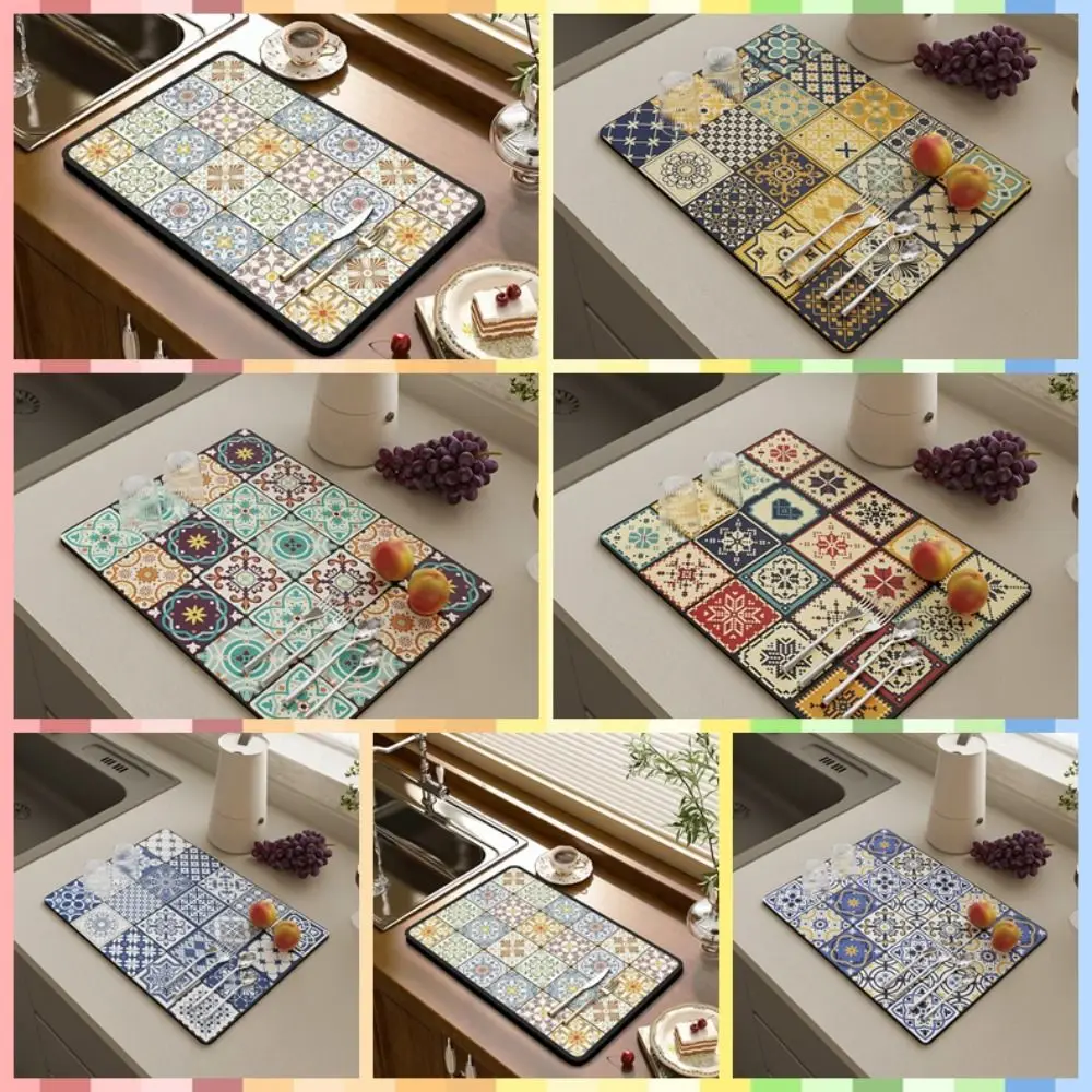 Baroque Moroccan Style Pattern Dish Drying Mat Tableware Placemat Anti-slip Absorbent Cup Bottle Drain Mat Tableware Mat