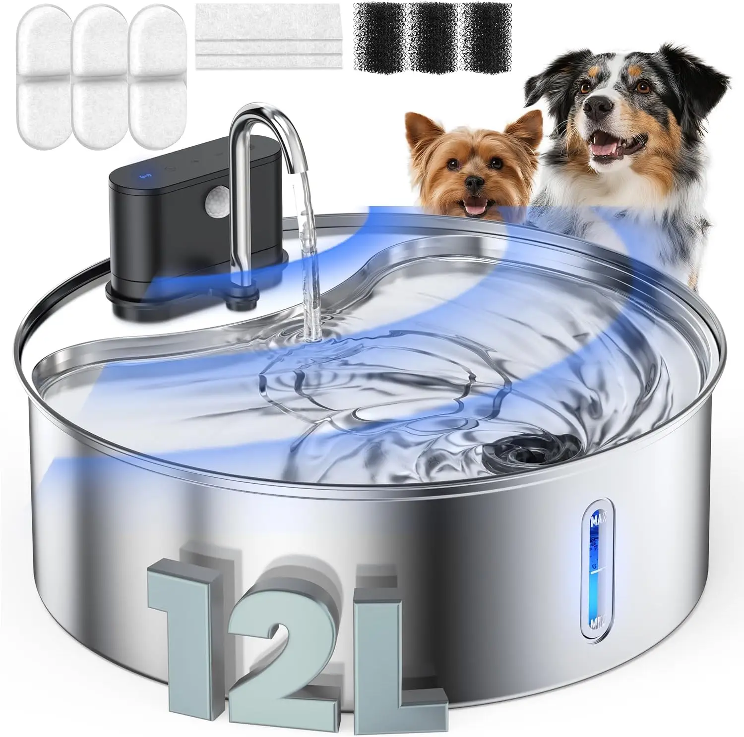 

Wireless Dog Water Fountain 12L Stainless Steel, Sensor-Activated Quiet Pump BPA-Free for Large Dogs & Cats
