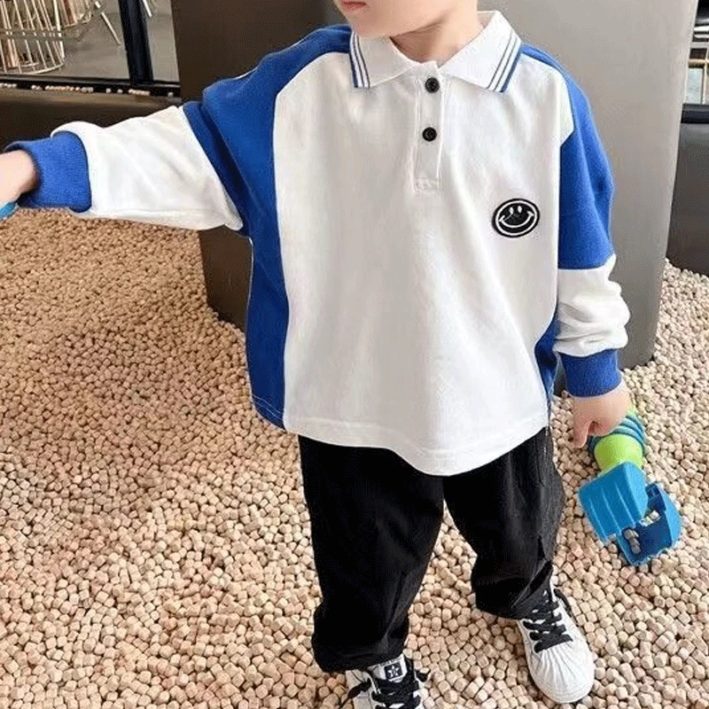 Boys Clothes Long Sleeve Preppy Style Tide Children's Clothing Spring New Fashionable Versatile Cotton Printed Loose Polo Shirt